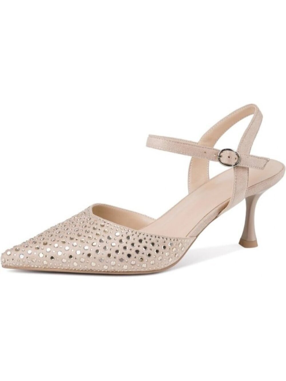 Women's Nude-Suede Kitten Heels Closed Pointed Toe Stiletto Heels Ankle Strap